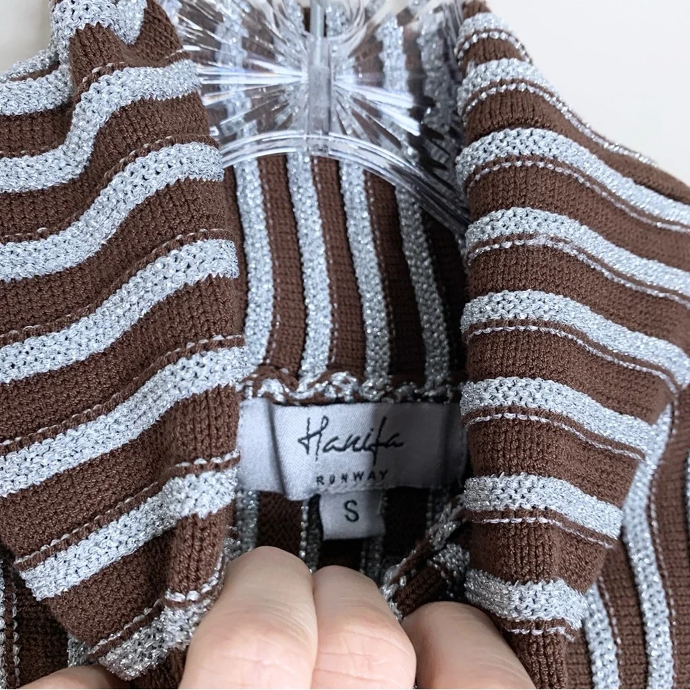 Hanifa Cici Knit Mini Dress (Sz S) Ribbed Long Sleeve Turtleneck Brown Silver - Picture 14 of 16
